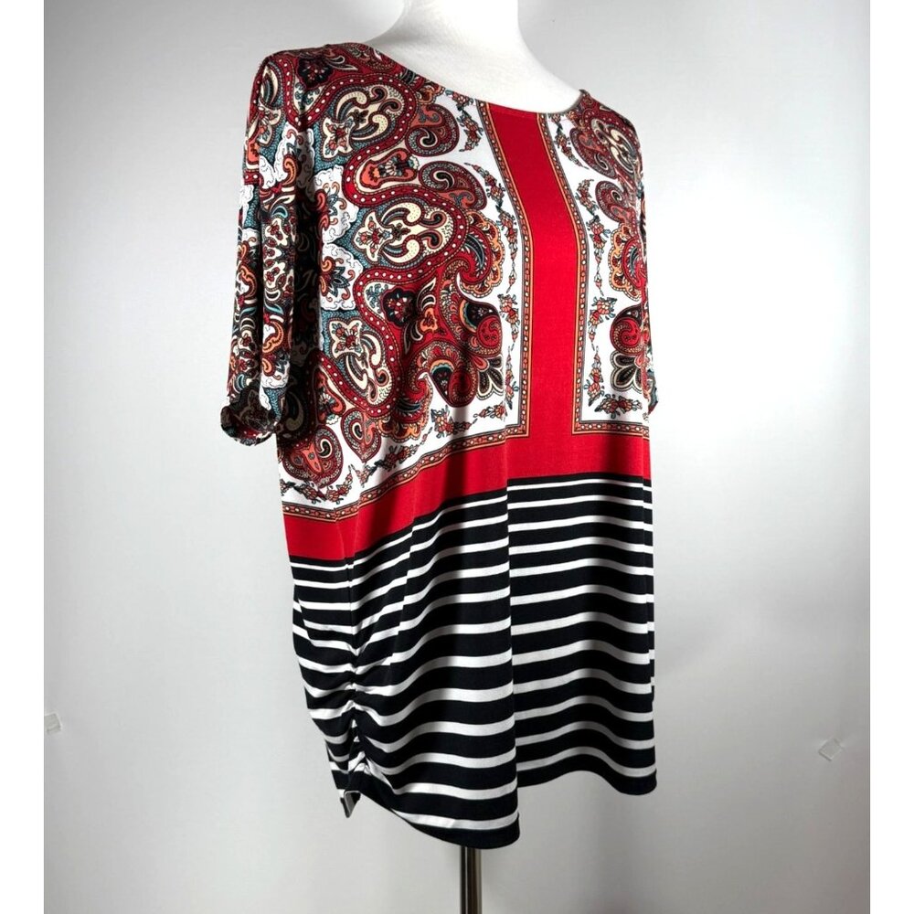 Chicos Paisley & Stripe Womens Short Sleeve Top Ruched Sides Size 3 Artsy Travel